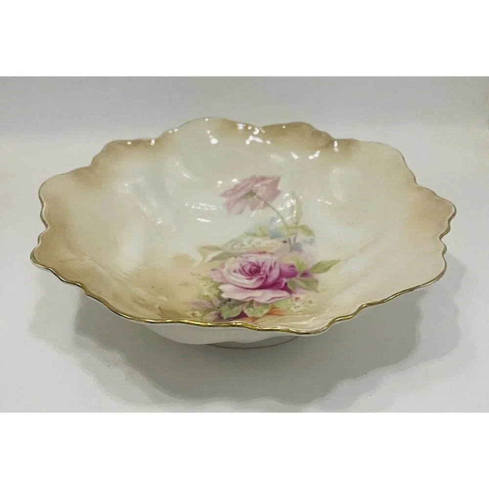 Vintage RS Germany Floral Bowl 9” Roses Enamel Handpainted Scalloped Gold Trim